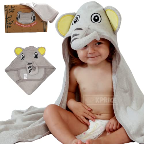 KPRICE – Capa de baño con capucha – elefante – Toalla de baño 100 % bambú – 90 x 90 cm – Ultra suave franela – Absorbente – Niña – 1 toalla para el rostro – Caja de regalo (ELE/gris)