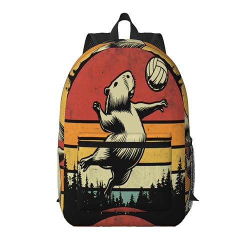 Capybara Playing Volleyball Fashionable Daypack 17 Inches Zippers Backpack Double Shoulder Bag for Women Men
