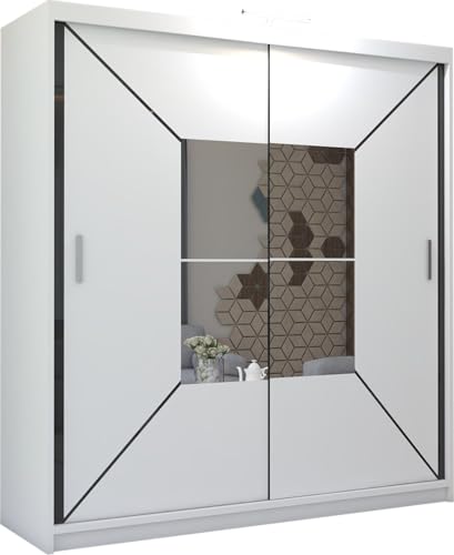 MN Furniture Stylish Sliding Wardrobe with Mirror Accents & LED Light | Modern Design with Storage Shelves & Hanging Rails | Matte Finish | 120cm–203cm Sizes | White, Black, Grey (White, 203cm)