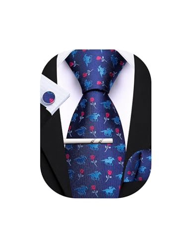 Barry.Wang Ties for Men Blue Red Horse Race Rose Silk Necktie with Tie Clip Pocket Square Cufflinks Set Formal Wedding Party Business
