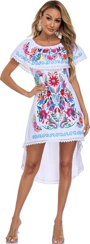 Image of YZXDORWJ Women's Mexican Asymmetrical Dress Embroidered Floral Off-Shoulder Cocktail Latina Fiesta Dress