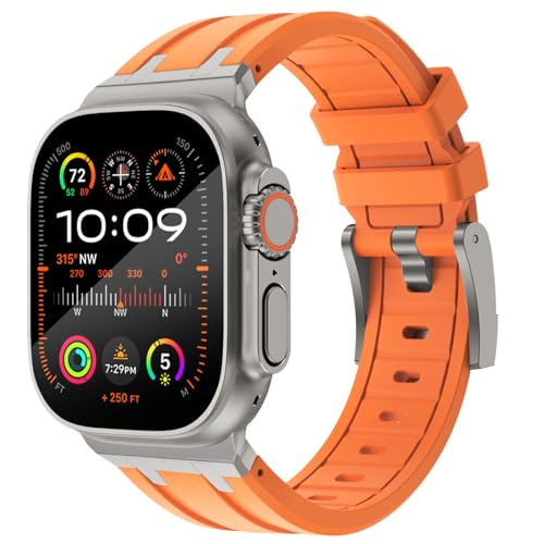 KADES 49mm 46mm 45mm 44mm 42mm(series 3) Compatible with Apple Watch Strap,Men Luxury Liquid Silicone Rubber Band for iWatch Ultra 2/Ultra/SE/Series 10 9 8 7 6 5 4 3 2 1,Titanium/Orange