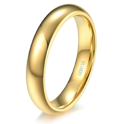 HUARJO 4mm 6mm 8mm 18K Gold Tungsten Carbide Rings for Women Men Domed Polished Steel/Gold/Rose Gold Wedding Band Comfort Fit Size 5-13 (8, 4mm gold)