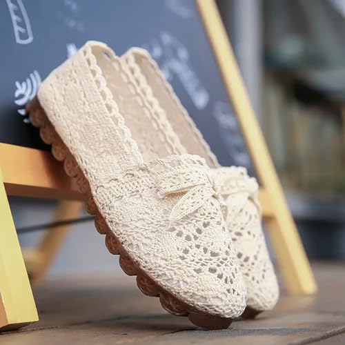 Women's Lace Ballet Flats Round Toe Fishnet Ballerina Flats Elastic Strap Mary Jane Ballet Shoe for Parties or Casual Dress Shoes Bowknot Cute Dressy Shoes for Wedding Party Daily4