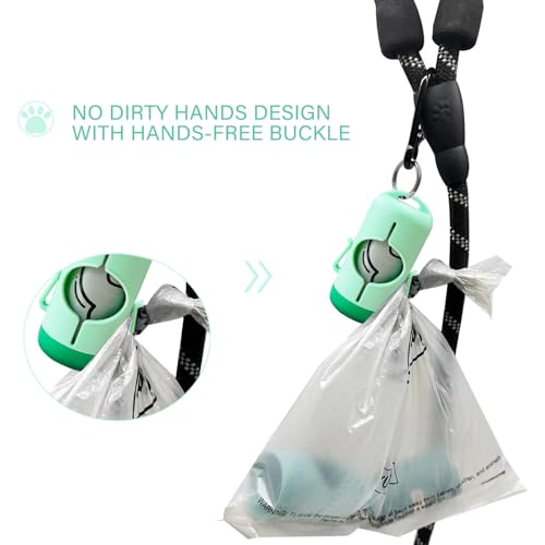 Image of Dog Poop Bag Holder with Leash Clip, Adjustable Strap & 2-Side Hooks for Used Dog Waste Bags (Light Green)