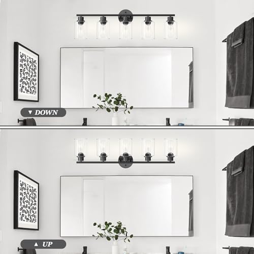 Image of 5-Light Black Bathroom Vanity Lights, E26 Modern Bathroom Light Fixtures with Clear Glass Shade, Mirror Kitchen Hallway Cabinet Living Room Sconces Wall Lights