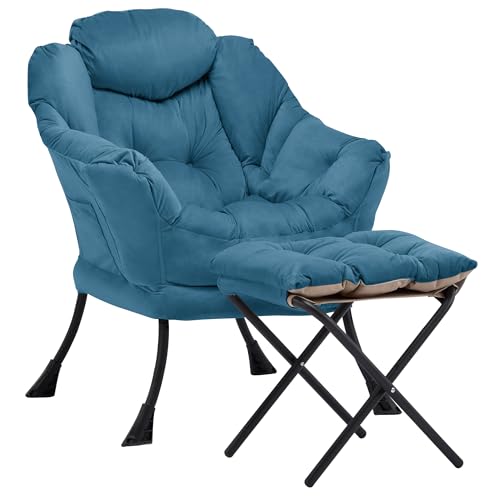 Aunekiv Lazy Chair with Ottoman, Comfy Accent Lounge Chair with Side Pocket, Modern Reading Armchair with Footrest, Upholstered Sofa Chair for Small Spaces, Bedroom, Living Room, Dorm, Blue