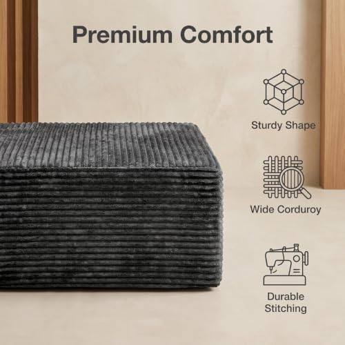 Image of 35.4 inch Corduroy Ottoman Foot Rest with Soft Memory Foam, Grey | Plush Pouf Compressed Footrest, Floor Foot Stool for Living Room, No Assembly Require