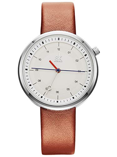 Preisvergleich Produktbild Alienwork Damen-Armbanduhr Quarz Silber mit Lederarmband braun Weiss Klassik