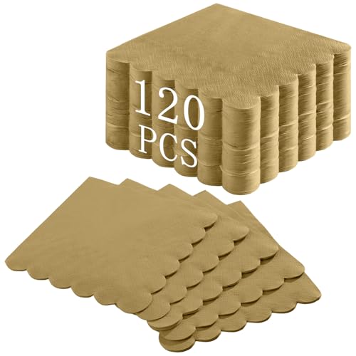 NatNarr Lot de 120 serviettes de cocktail jetables festonnées dorées pour mariage, anniversaire, fête, 12,7 x 12,7 cm