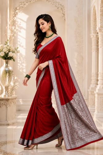 Image of Women's Glory Banarasi Satin Kanjivaram Saree Silver Zari Border Pure Soft Blend Silk Sari Kanchipuram Paithani Silk Party Wedding Festive New Ladies Sadi with Unstiched Blouse Piece. (Pink)