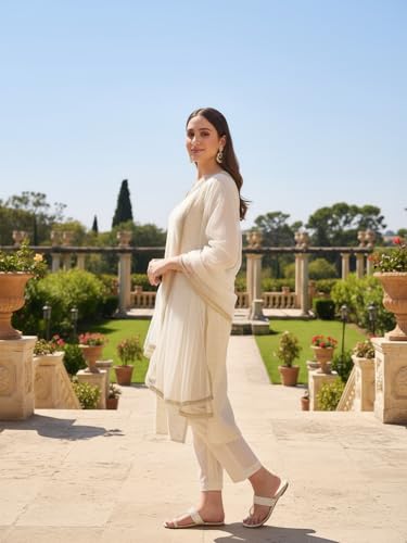 Image of Avanshee Women's Chanderi Cotton Silk with Zari Embroidery Kurta & Silk Crepe Pant Set And Net Dupatta Ethnic Wear Salwar Suit Set (ES 7539)