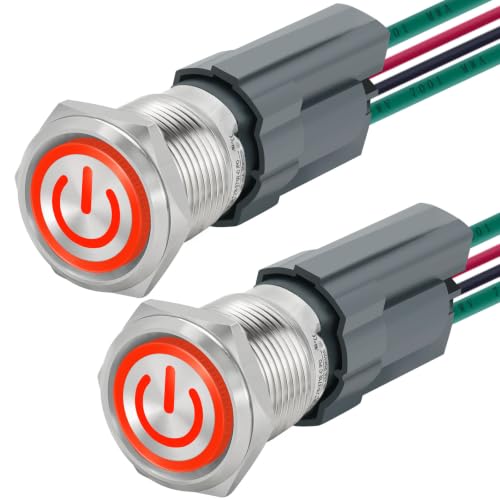 Image of UL Listed 15Amp 16mm Latching Push Button Switch 12V-24V IP67 Waterproof SPST 1NO Stainless Steel with Wire Socket Red 2Pcs