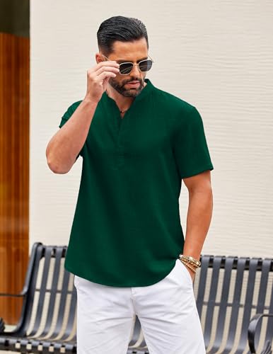 COOFANDY Men's Casual Henley Shirt Short Sleeve Summer Shirts Linen Band Collar Summer Beach Hippie T-Shirts3
