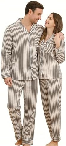 U2SKIIN Men's Pajama Set, Soft Cotton Button-Down Striped Pajamas for Men, Long Sleeve Sleepwear with Pockets & Front Fly (Khaki, M)