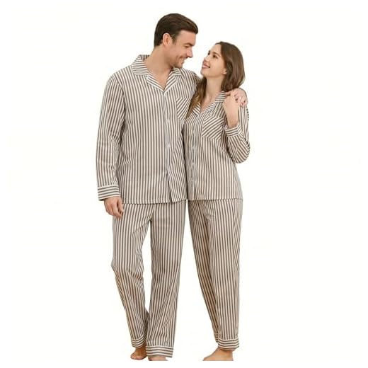 U2SKIIN Conjunto de pijama para casal, pijama listrado de algodão macio com botões para homens e mulheres, roupa de dormir de manga comprida com bolsos, Caqui, XGG