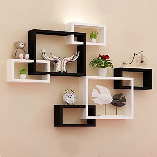 Maaz Art & Craft Interlock Intersecting Wall Mounted Shelf Rack Set of 6 Decorative Wall Shelves for Living Room Bedroom Kitchen Floating Wall Rack (White, Black)