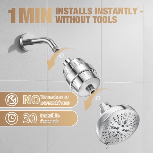 Image of 25-Stage Hard Water Shower Filter with Enhanced KDF55,High Output Filtered Shower Head with 3 Replacement Cartridges,Removes Chlorine,Fluoride & Sediment,Universal Polished Chrome Bathroom Showerhead | Built-in grease drip tray Anti-slip bottom design Easy to clean fold Food-grade durable