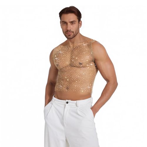 Shiny Rhinestone Men Fishnet Tank Top Sexy Sleeveless Sheer Mesh Rave Outfit Festival Crop Top Vest Shirt for Party Nightclub