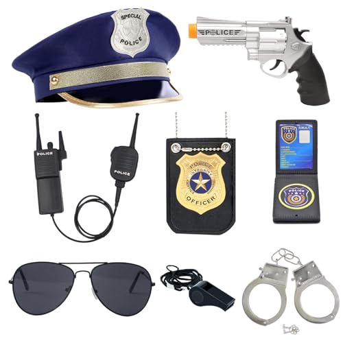 QPCOS Police Officer Role Play Kit Hat Handcuffs Sunglasses Policeman Costume Accessories for Cop Swat Halloween Party (Blue Hat Toy Gun, Medium)