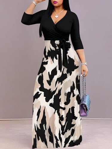Image of PinkPatty Plus Size Dresses for Curvy Women V Neck Flowy Long Sleeves Wrap Maxi Dress Travel Vacation Outfits