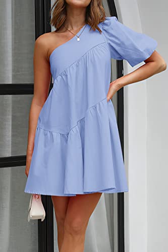 Image of KIRUNDO Summer One Shoulder Mini Baby Doll Dresses Women 2026 Casual Puff Sleeve Loose Tiered A Line Flowy Short Dress