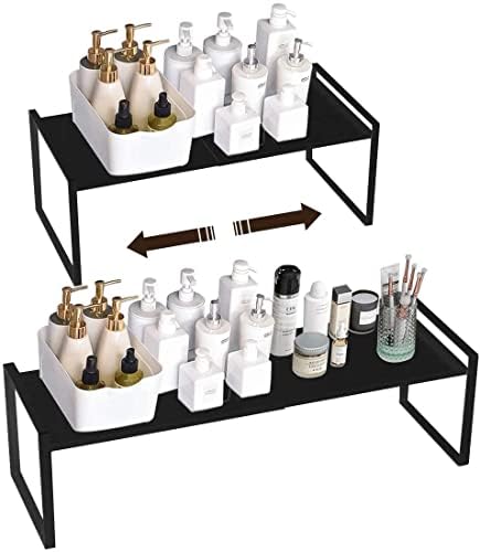 KZOBYD Extendable Kitchen Cupboard Shelf Organiser Adjustable Pantry Storage Unit Practical Cabinet Storage Shelf Stand Spice Rack Multi-Function Space Saver for Counter-Tops (Black, L)