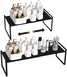 KZOBYD Extendable Kitchen Cupboard Shelf Organiser Adjustable Pantry Storage Unit Practical Cabinet Storage Shelf Stand Spice Rack Multi-Function Space Saver for Counter-Tops (Black, L)