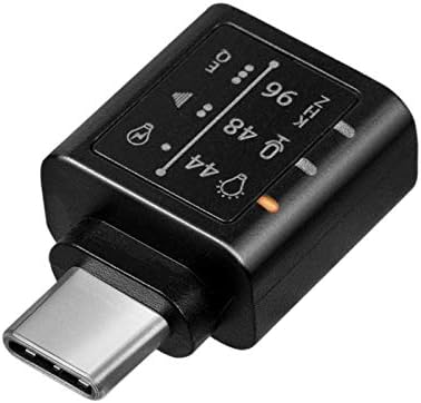 Close-up of the LogiLink UA0363 adapter showing LED indicators for sampling rates (44, 48, 96 kHz) and EQ modes.
