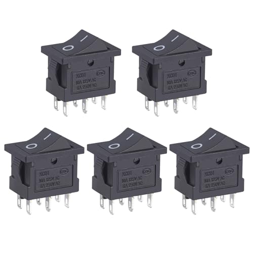 VEXUNGA Mini Rocker Switch On Off 6 Pin 2 Position 10A 125V AC 6A 250V Black Boat Rocker Toggle Switch KCD1 SPST Snap-in Square Switches for Car Marine Home Appliances (Pack of 5pcs)