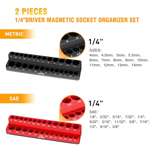 Image of GOOACC 1 /4 inch Magnetic Socket Organizer, 2 Pieces Socket Holder Metric SAE Socket Tray, 1 /4 inch Socket Organizer Tray Holds 52 Standard Sockets for Tool Box Drawer