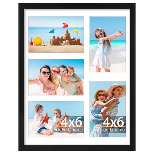 decorUhome 11x14 Picture Frames Collage Wall Decor, Display 5Pcs 4x6 Photos with Mat or 1Pcs 11x14 Unmatted, 5 4x6 Collage Picture Frames for Wall Mounting, Black