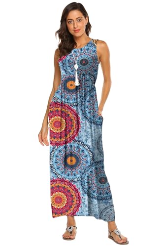 BDTECAOR Sommerkleid Damen Lang Strand Boho Maxikleid mit Taschen Blumenmix Blau XXL 2