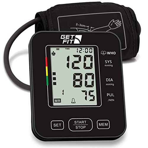 Get Fit Tensiómetro para Uso Doméstico - Tensiómetro Médico de Brazo - Pulsómetro - Memoria 2x99 - Brazalete Grande para Adultos - Esfigmomanómetro con Pantalla LCD - Nero - 22-42cm