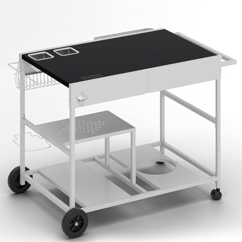 24x37 Outdoor Tabletop Grill Table Stand Pizza Oven Cart Table with Topping Station and Wheels Movable Food Prep Workcart Fits for Ninja Blackstone Woodfire Grill