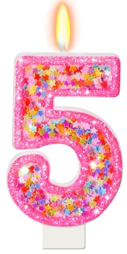 Star Sequins Birthday Candles Hot Pink Edge Number 5 Candles Colorful Confetti Cake Toppers for Girls Birthday Party Cupcake Topper or Dessert Table Decor