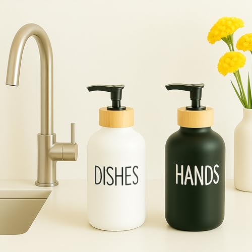 Image of Dimeho 4 Pcs Glass Soap Dispenser, Hand Soap Dispenser Set Black Refillable Shampoo Conditioner White Farmhouse Decor Accessories for Kitchen Bathroom