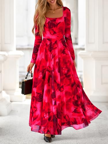 BTFBM Women Maxi Dress Fall 2025 Fashion Elegant Long Sleeve Square Neck Floral Print Party Club Wedding Guest Dresses