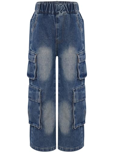 Linjinx Kids Girls Elastic Waist Cargo Jeans Wide Leg Pants Denim Pants Casual Denim Trousers with Flap Pockets3