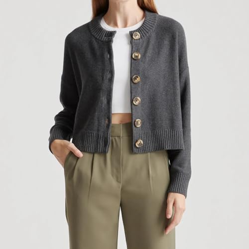 Women's Button Down Cardigan Long Sleeve Crew Neck Sweater Ribbed Hem Casual Knit Coat Spring Fall Outwear2