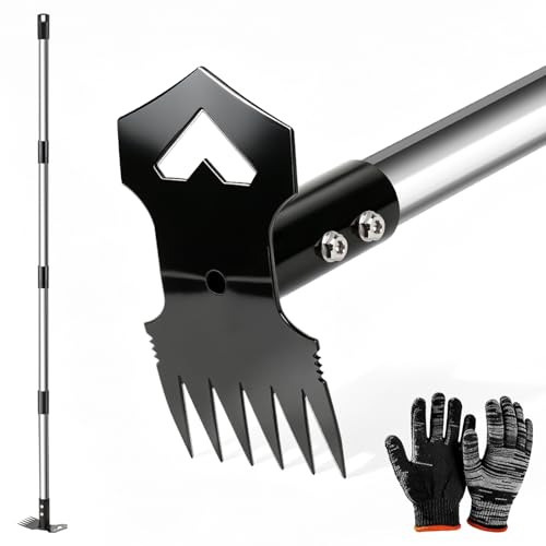 60' Weed Puller Tool with Long Handle, 2-in-1 Weed Rake & Garden Hoe, Stand Up Weeding Tools Gardening, Heavy Duty Steel Weeder Tool, Manual Uprooting Weed Remover Tool for Yard, Lawn, Patio, Garden