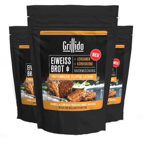 **NEU** Grillido Eiweiß-Brot Backmischung mit 38% Protein I 3x300GR für 1.5 KG Brot I mit Leinsamen & Kürbiskernen I Lactosefrei I Vegan I Proteinreich Cover