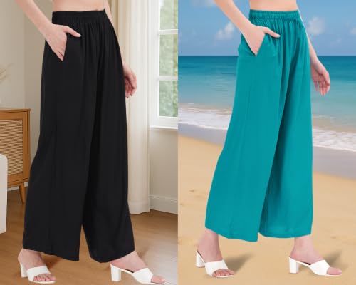 Image of Buy That Trendz Palazzo Pants for Women Rayon Elasticated Regular Fit Flared Wide Leg M to 6XL Pack of 2