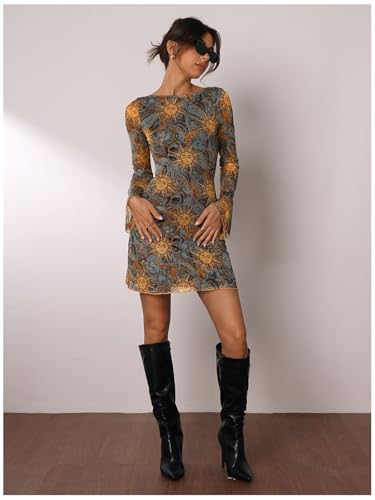 Image of Milumia Women's Floral Long Bell Sleeve Backless Mini Dress Party Date Night Going Out Dresses