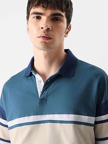Image of The Souled Store Solids: Ocean Blue Colourblock Mens Oversized Fit Solid Half Sleeve Cotton Multicolored Oversized Polos