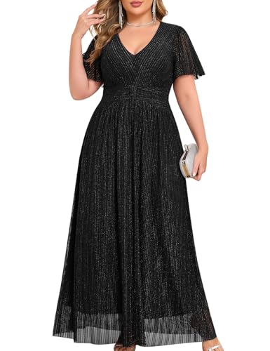 ZOMVA Plus Size Maxi Formal Dress Sparkly V-Neck A-line Ruffle Sleeves Evening Gown Cocktail Prom Lace2