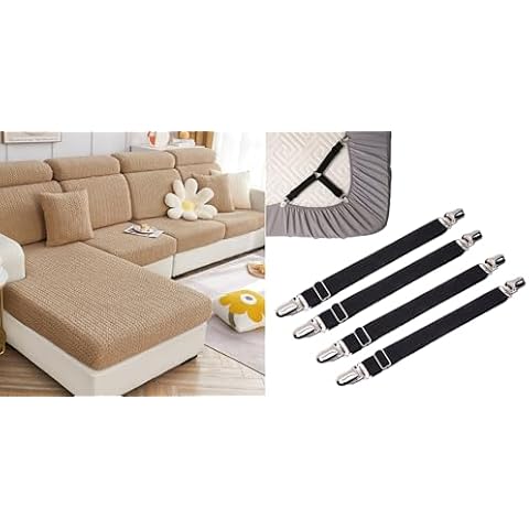 Magic Sofa Covers Magic Sofa Couch Covers(Wheat-Camel Brown-Chaise Cover) + 4 Pcs Black Magic Sofa Covers Holder Straps Cover