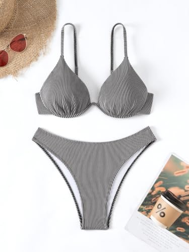 Image of Fanuerg Women Underwire Triangle Bikini Spaghetti Strap Push Up Swimsuit Cheeky Two Piece Bathing Suit