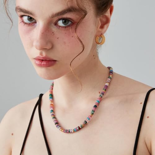 IBARA Boho Colorful Beaded Choker Necklace/Bracelet for Women,Real Natural Stone Gemstone Necklace Freshwater Pearl Necklace 18K Gold Plated Summer Beach Handmade Jewelry Trendy4