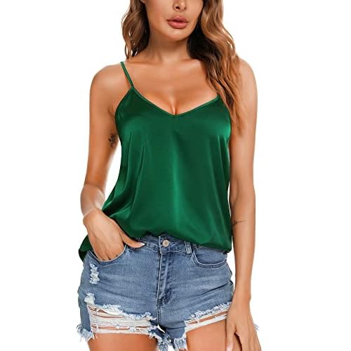 VIDUSSA Womens Silk Satin Tank Tops V Neck Casual Cami Sleeveless Camisole Blouses Summer Basic Tank Shirt X-Large Dark Green